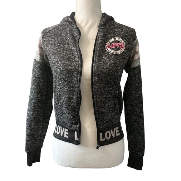 New Look Womens Gray & Pink Love Patch Cropped Zip-Up Hoodie W/ Striped Sleeves - Picture 5 of 13